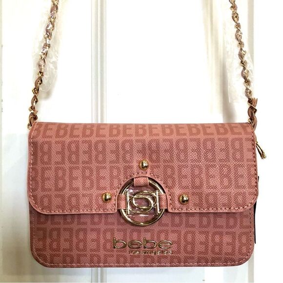 BEBE - NWT - "Kira Logo" Crossbody/Clutch in "Dusty Rose"/Textured Faux Leather - Picture 2 of 16